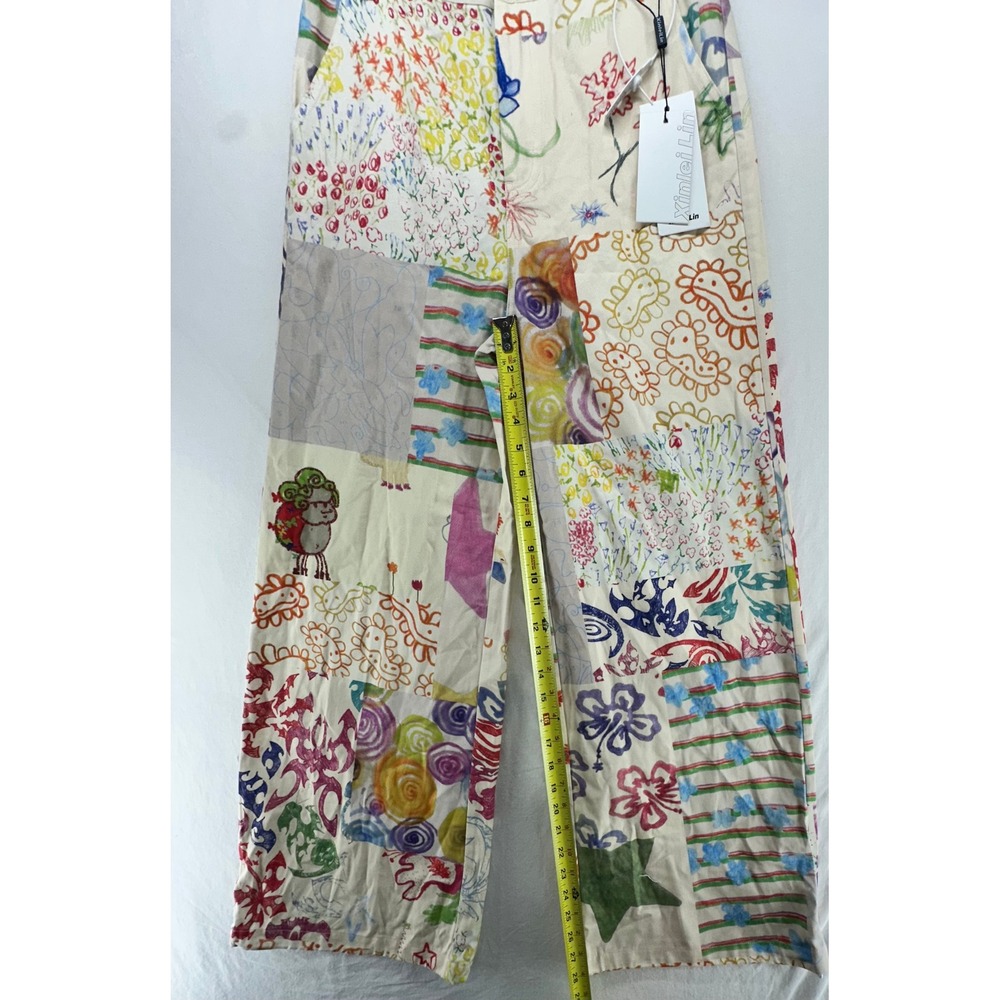 Xinlei Lin Patchwork Crayon Print Wide Leg Pants Multi-Color Women Size S NEW - Picture 7 of 12